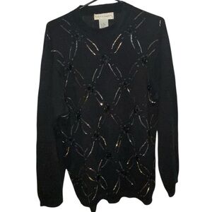 Vintage 80s 90s Norton McNaughton Black Knit beaded Sweater grandmacore